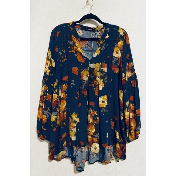 Blu Pepper Top Womens Large Navy Blue Boho Floral Lace Trim Hi Low Hem Peasant - Picture 2 of 10